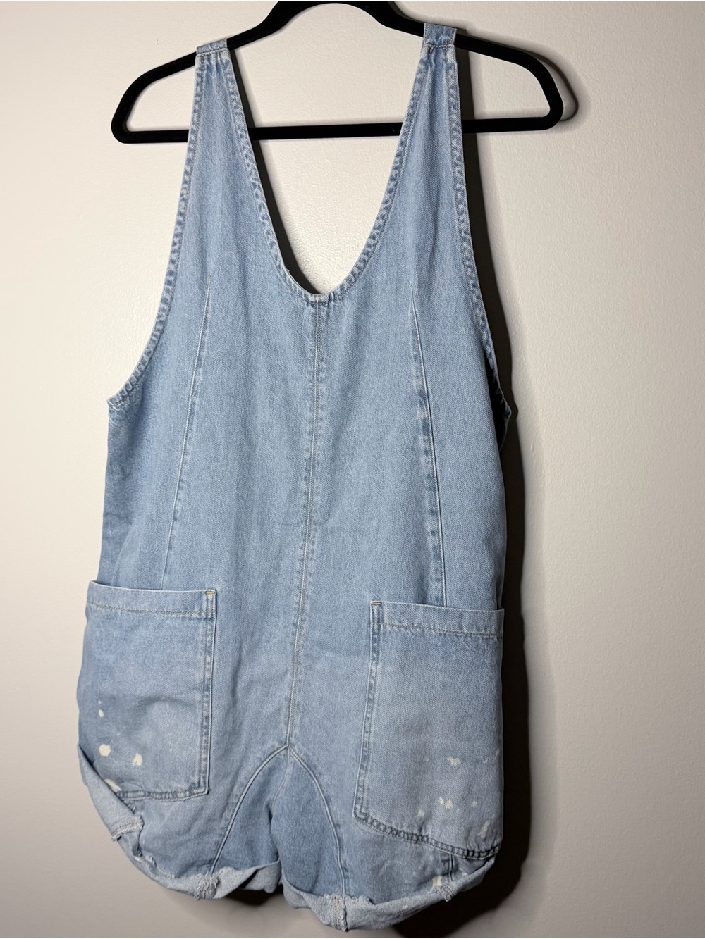 We The Free Paint Splatter High Roller Light Blue Denim One-Piece Romper
